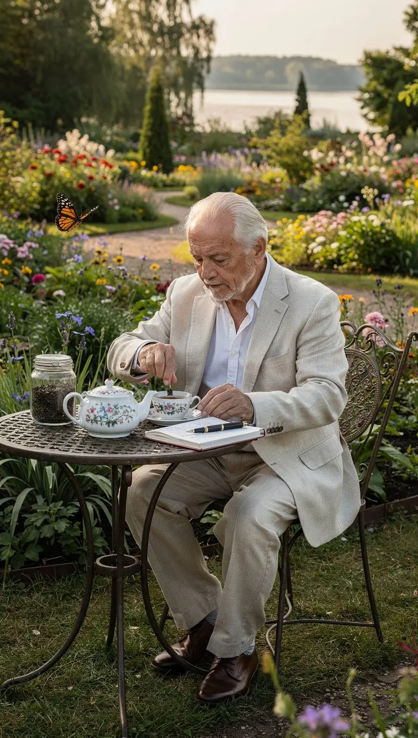 Arbatos puodelis ant medinio stalo šalia laikrodžio, simbolizuojantis nuoseklias arbatos gėrimo tradicijas.