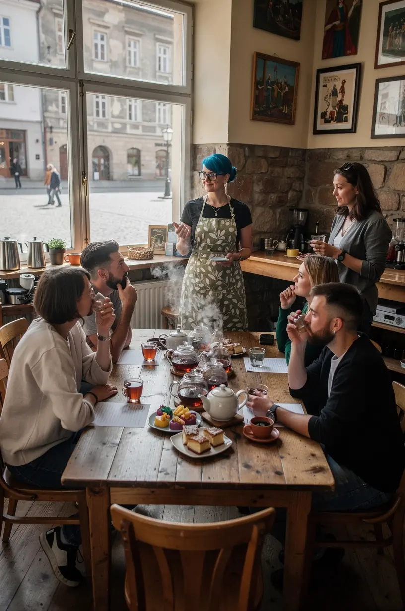 Šviesus kambarys su arbatos paruošimo priemonėmis ir natūralia šviesa, skatinantis atsipalaidavimą ir dėmesingumą.
